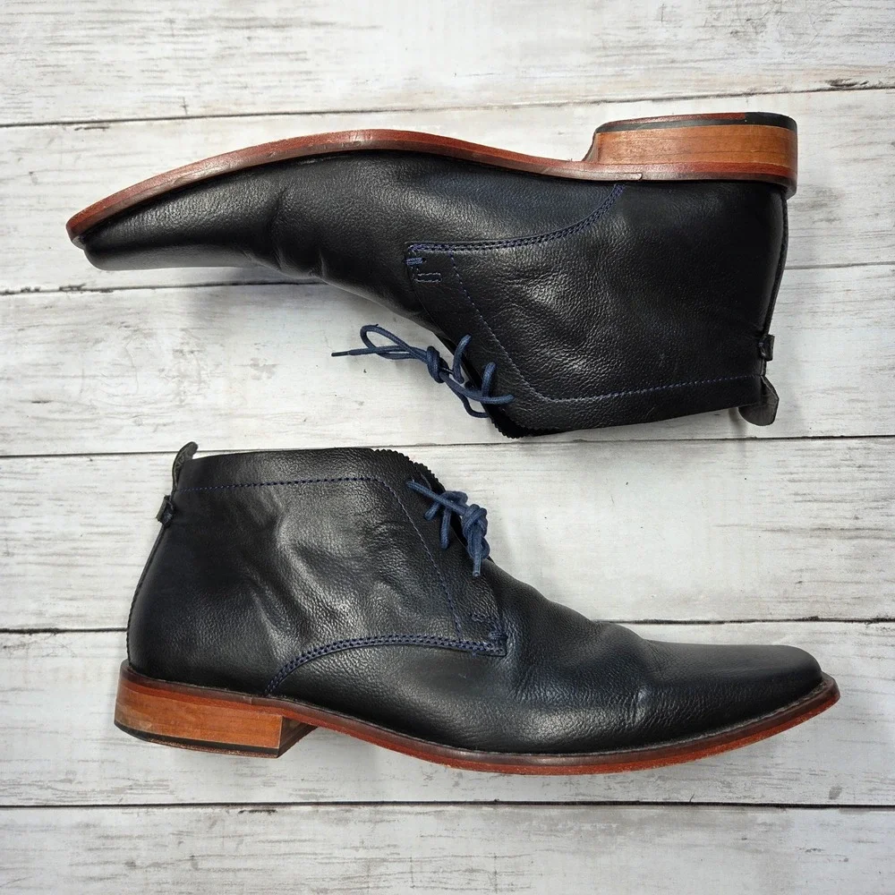 Ted Baker Ashcroft 4 Chukka Boot Square Toe Men 10 Black Leather Blue Stitching